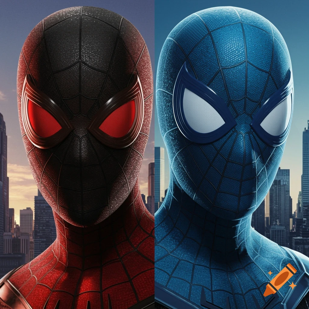 Two masked superhero characters, one black with red lenses, one blue with white lenses, against a city background.