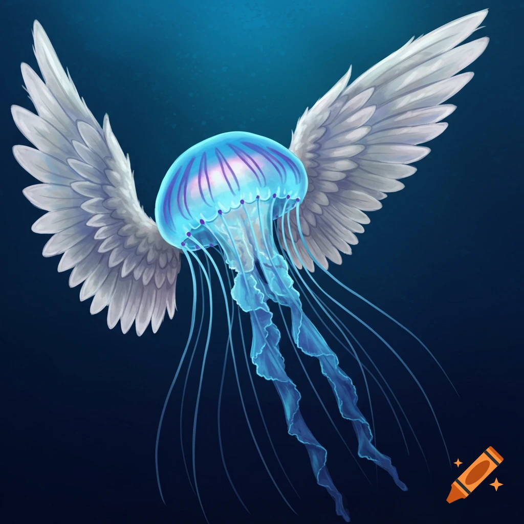 A glowing blue and purple jellyfish with white angel wings floating in dark blue water.