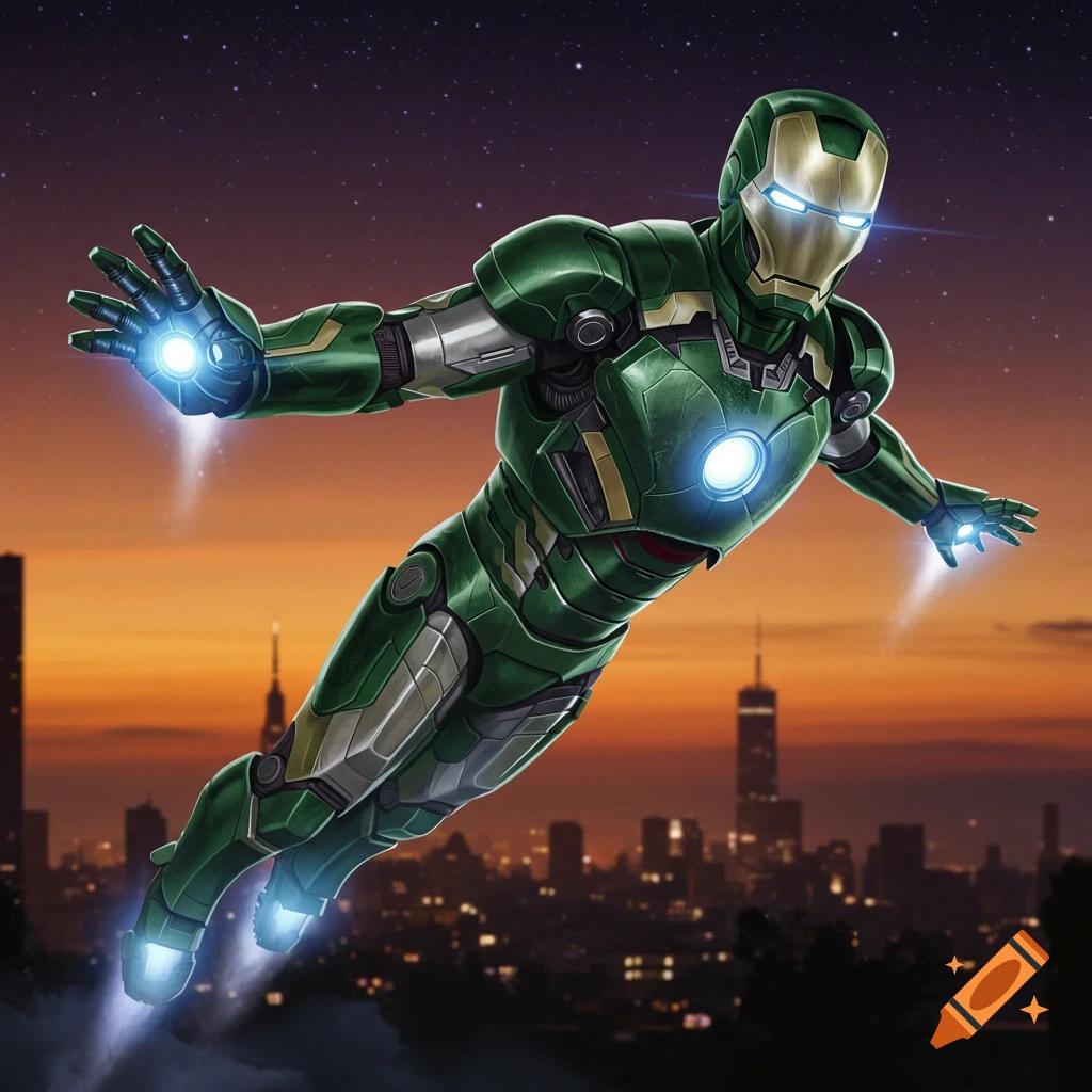 Green and silver armored figure flying over a city at sunset.