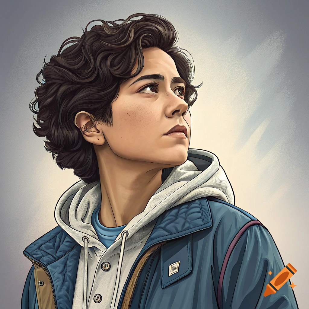 Stylized portrait of a young person with curly brown hair looking upwards, wearing a blue jacket and white hoodie.