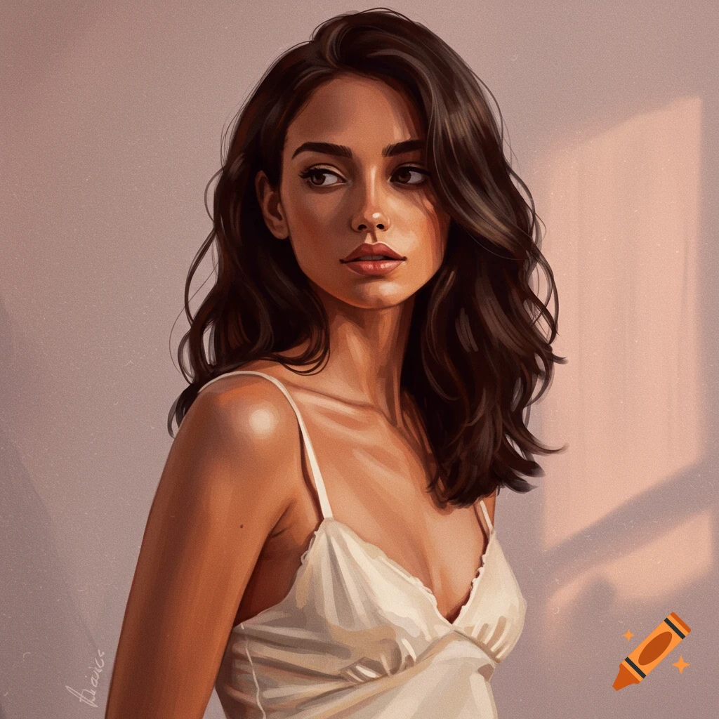 A brunette woman in a white camisole