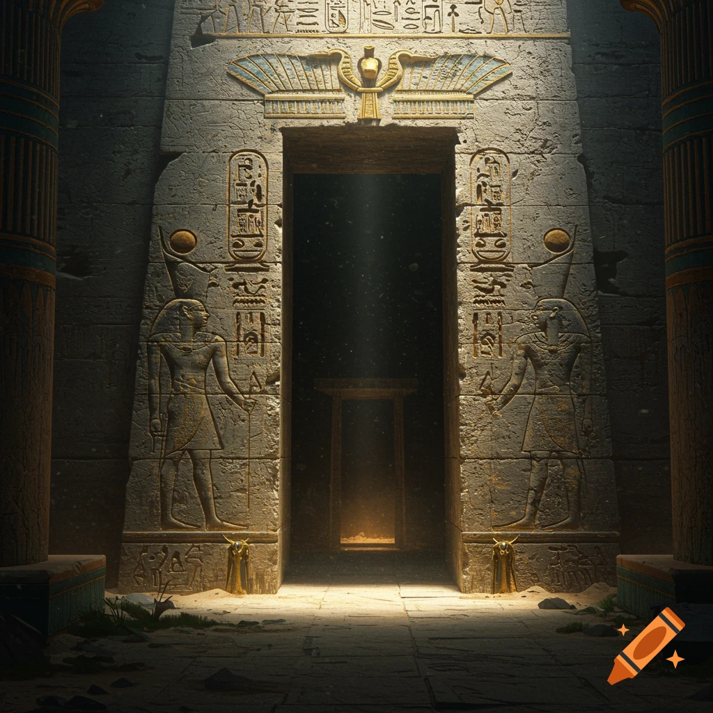 A mysterious doorway into a dark ancient Egyptian tomb, with carved hieroglyphs and light beams.