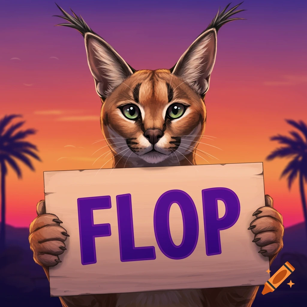 A caracal cat is holding a sign that says FLOP against a sunset background.