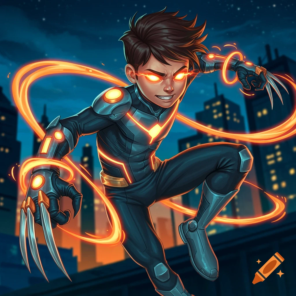 Young superhero boy with glowing eyes and claws leaps in a futuristic suit against a city skyline, comic book style.