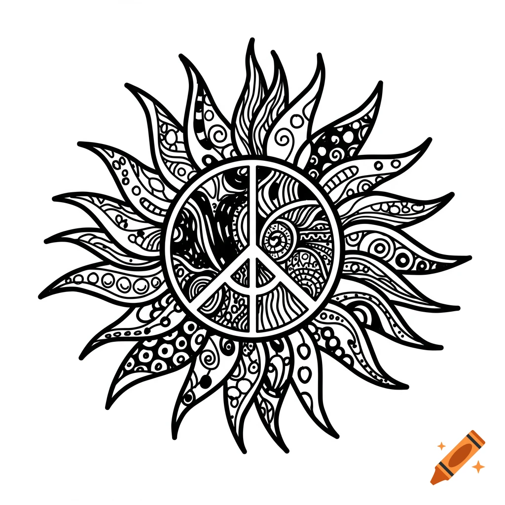 Black and white line drawing of a sun with a peace sign center, filled with swirling patterns.