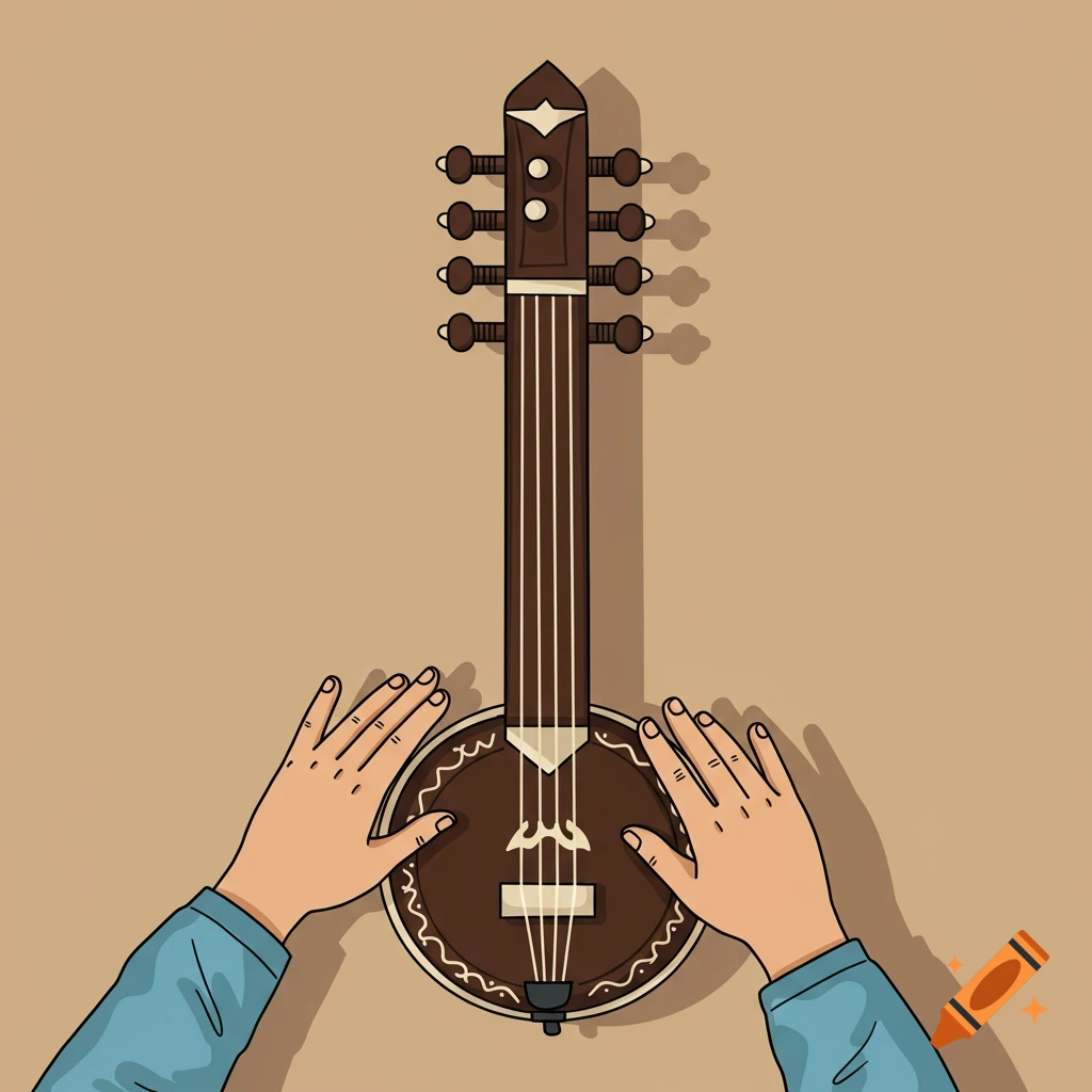 Illustration of hands playing a string instrument from above.