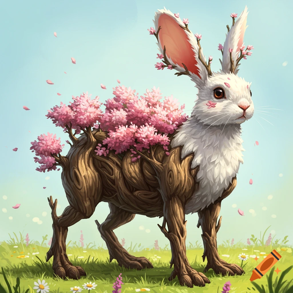 A winged ferret flies over a person standing under a large tree in a ...