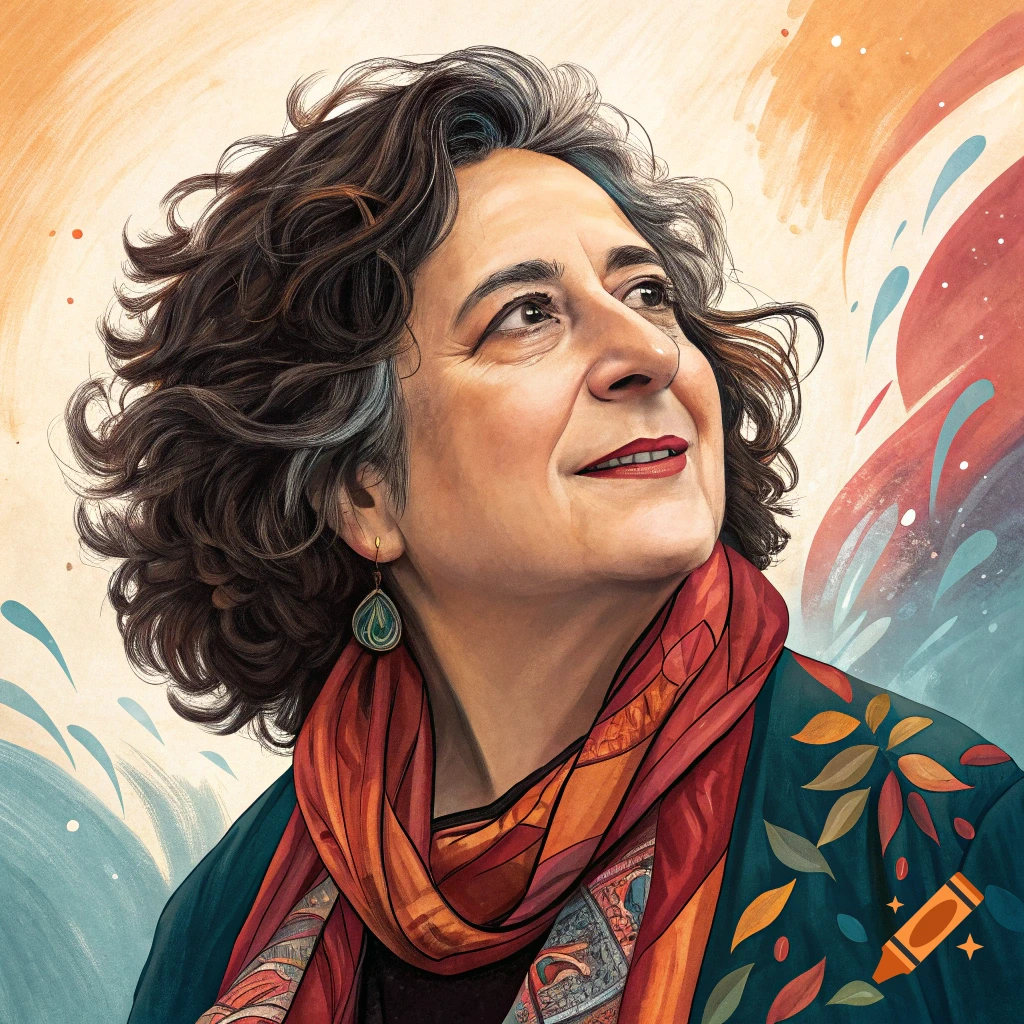 Vibrant portrait illustration of a woman with curly hair wearing a patterned scarf and jacket, looking up, against a colorful abstract background.
