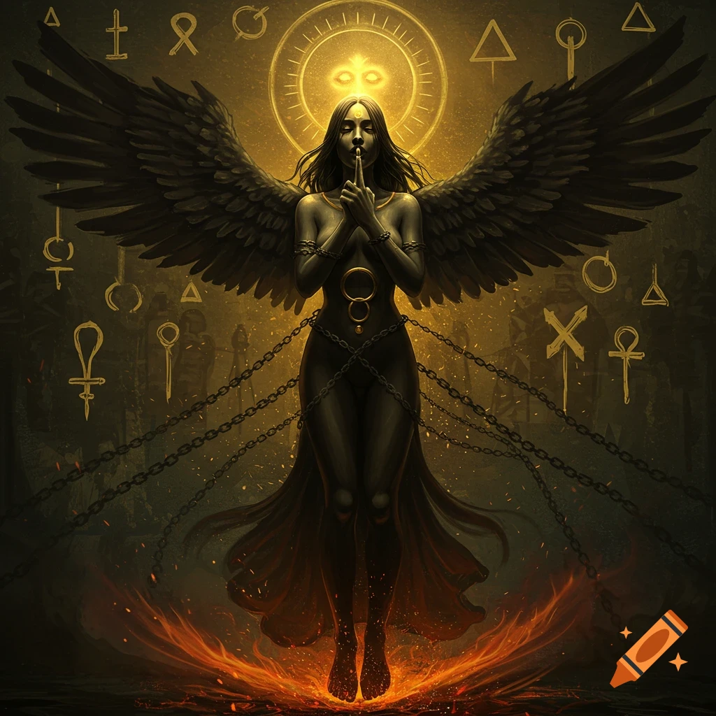 A dark angel figure bound by chains, surrounded by symbols and fire.