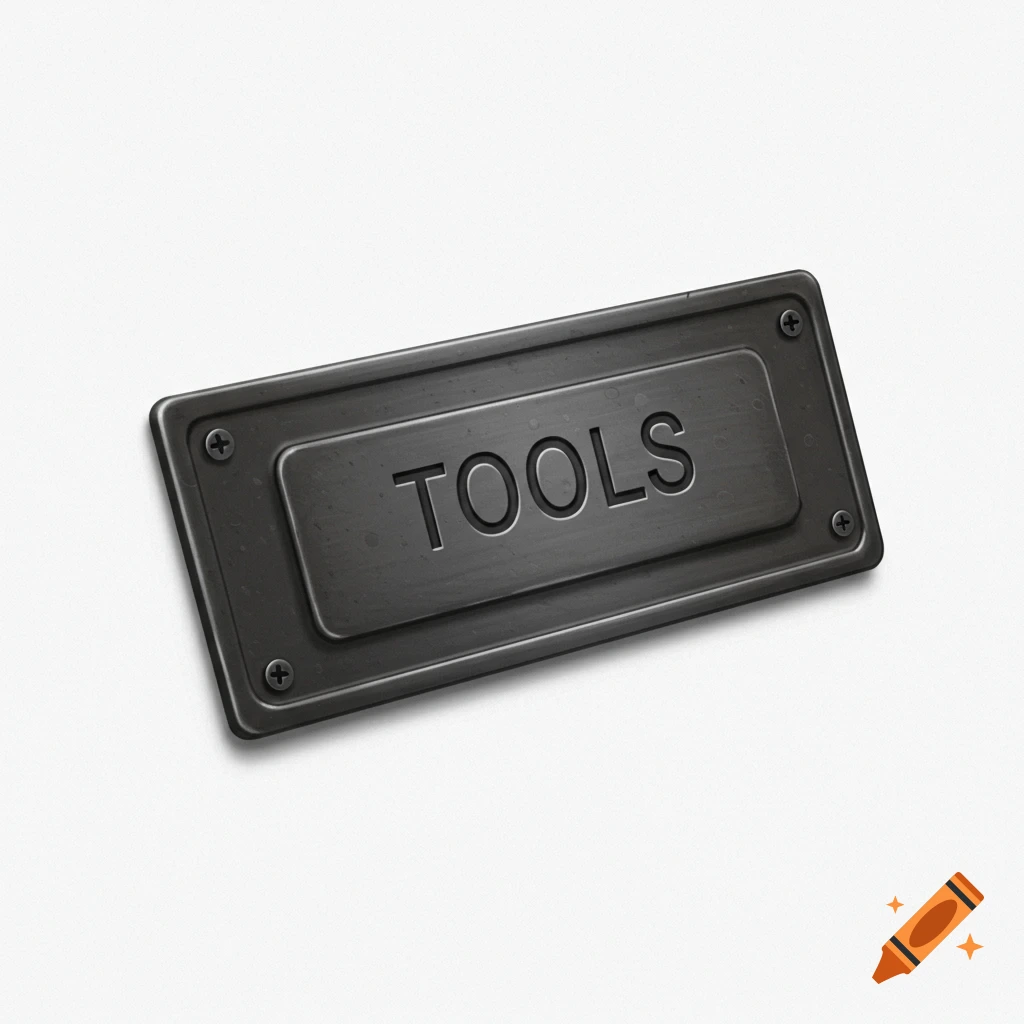 A digital illustration of a dark metal nameplate label with the word TOOLS inscribed on it.