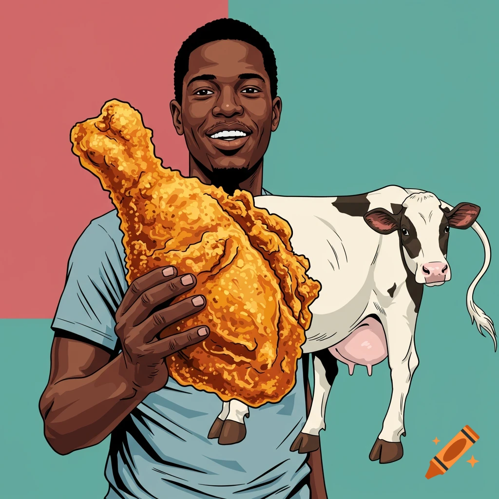 Illustration of a man holding a giant piece of fried chicken and a small cow.