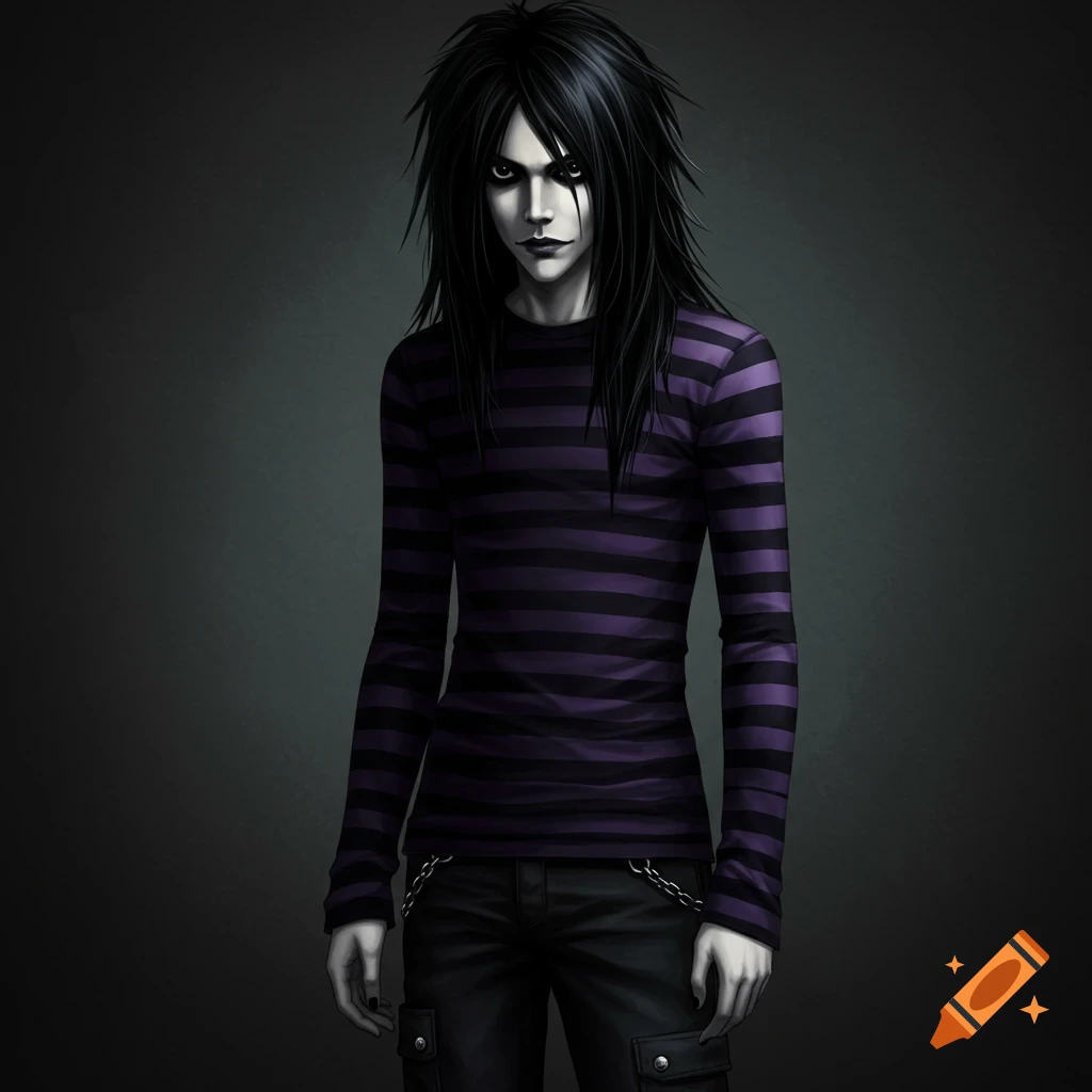 Stylized character with long black hair, purple and black striped shirt, and black cargo pants, looking like a Death Note figure.