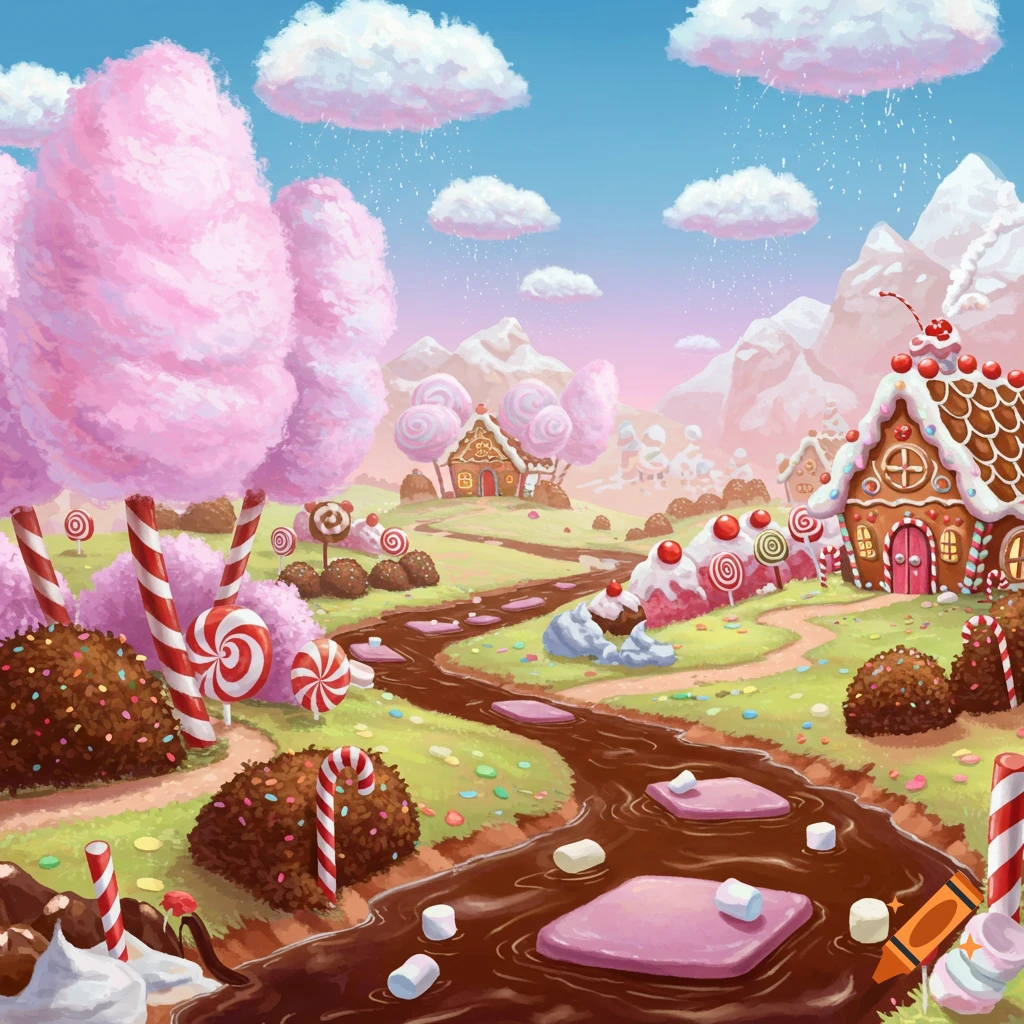 A vibrant fantasy landscape depicts a candy land with cotton candy trees, gingerbread houses, a chocolate river, and candy cane decorations.