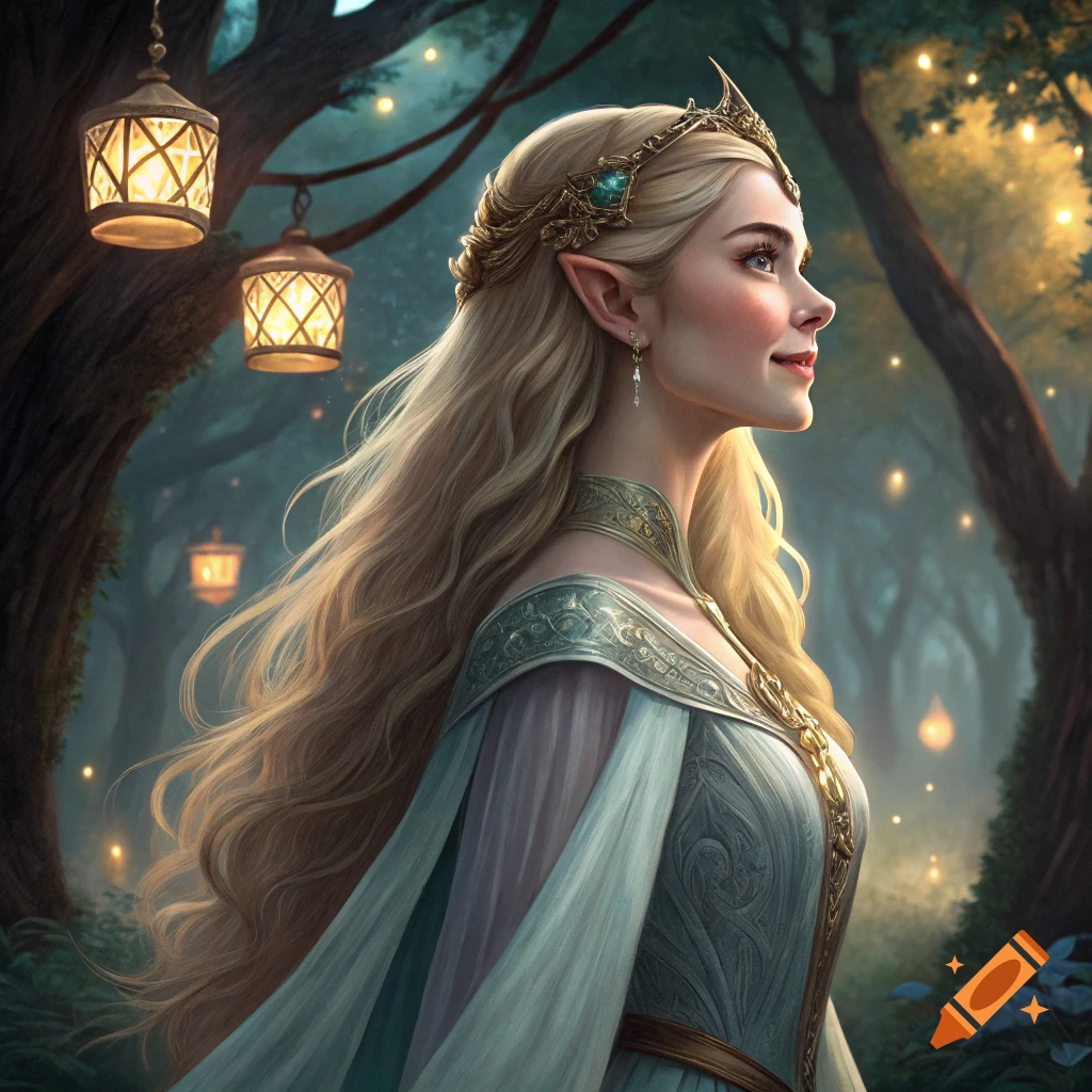 Fantasy portrait of a blonde elf-like woman with a crown in a magical forest with glowing lanterns.