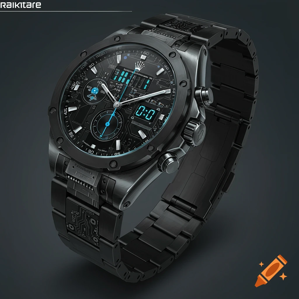 A close-up shot of a futuristic black metal watch with a detailed digital face featuring circuit board patterns and blue lights.