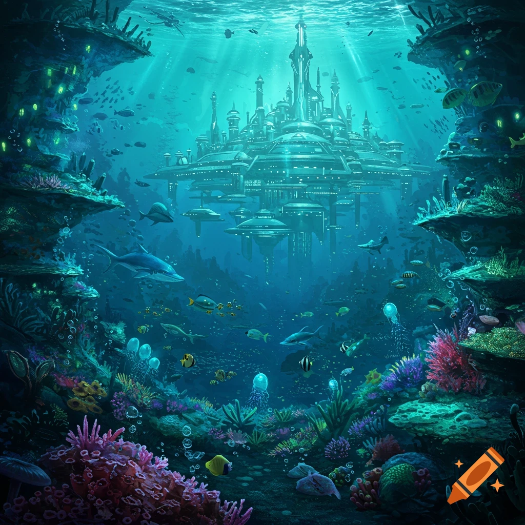 An underwater city surrounded by colorful coral reefs, fish, and sharks with light rays filtering from above.