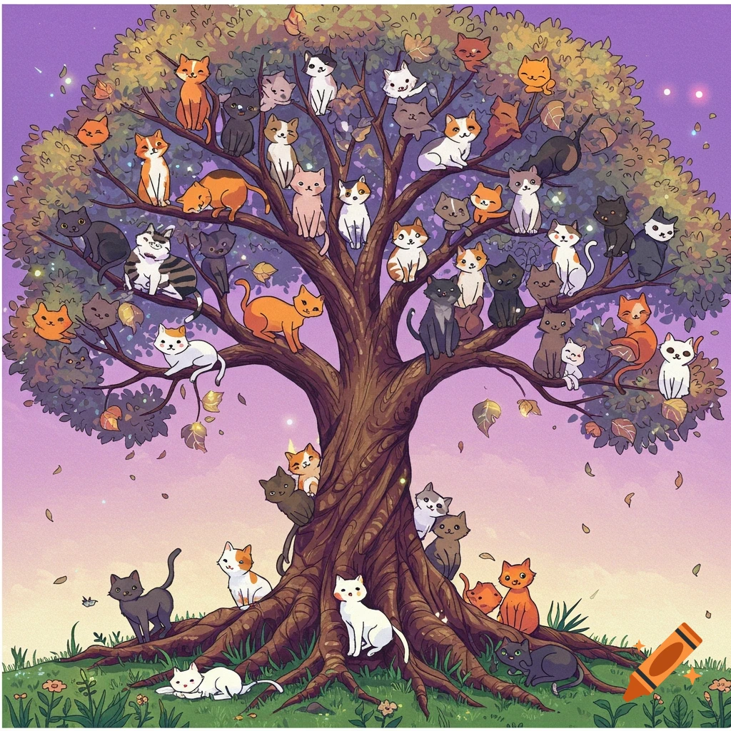 Many cartoon cats are sitting in and around a large tree.