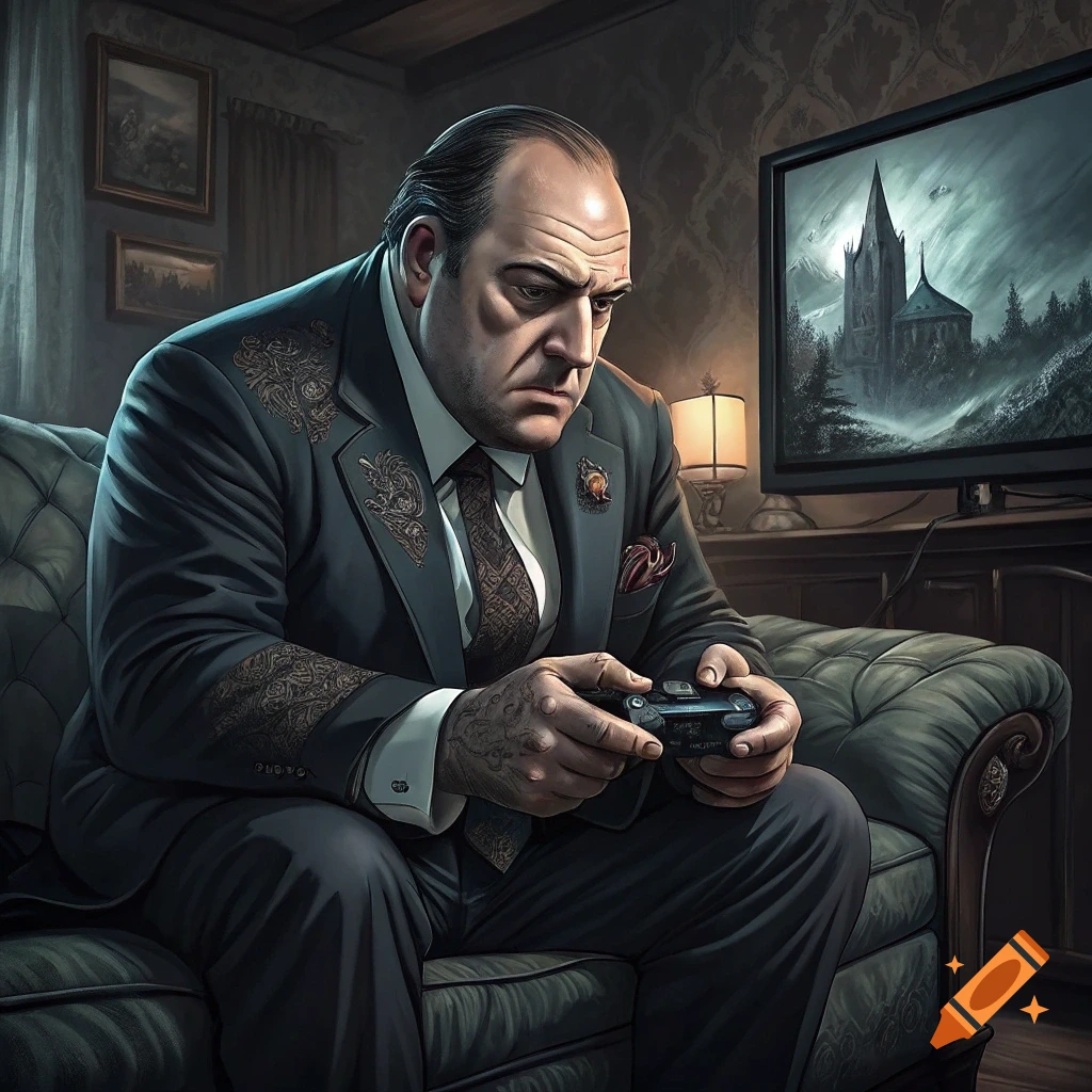 A man resembling Tony Soprano sits on a couch, playing a video game on a TV screen.