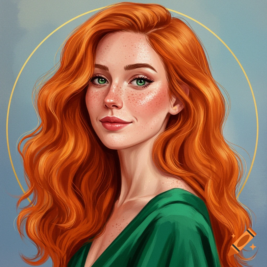 A woman with long wavy red hair, green eyes, and freckles, wearing a green dress, with a golden halo.