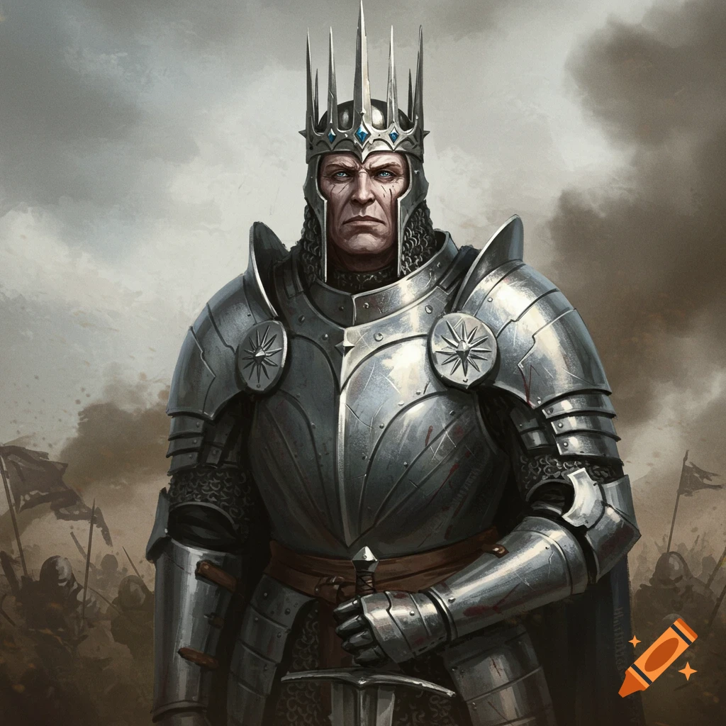 A stern king in ornate armor holds a sword on a battlefield under stormy skies.