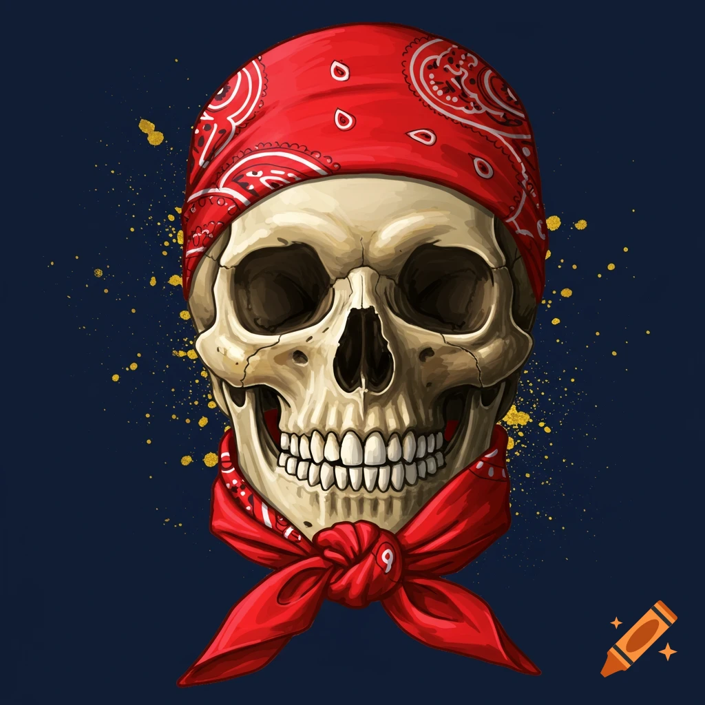 A skull wearing a red bandana