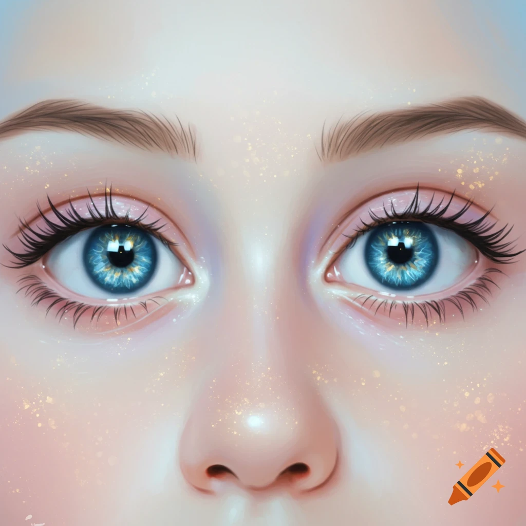 Close-up of blue eyes with long lashes and sparkling highlights.