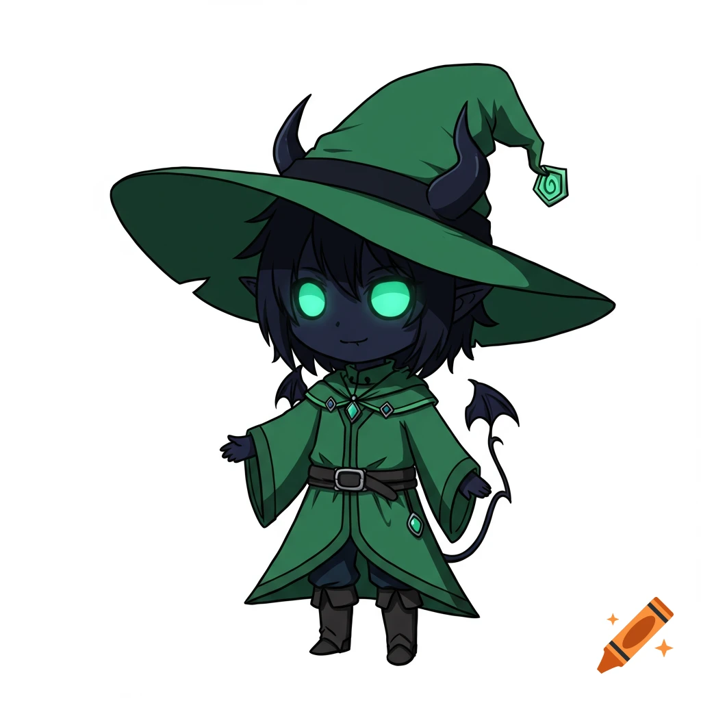 Chibi anime character with black skin, glowing green eyes, horns, and a tail, wearing a large green wizard hat and robe.