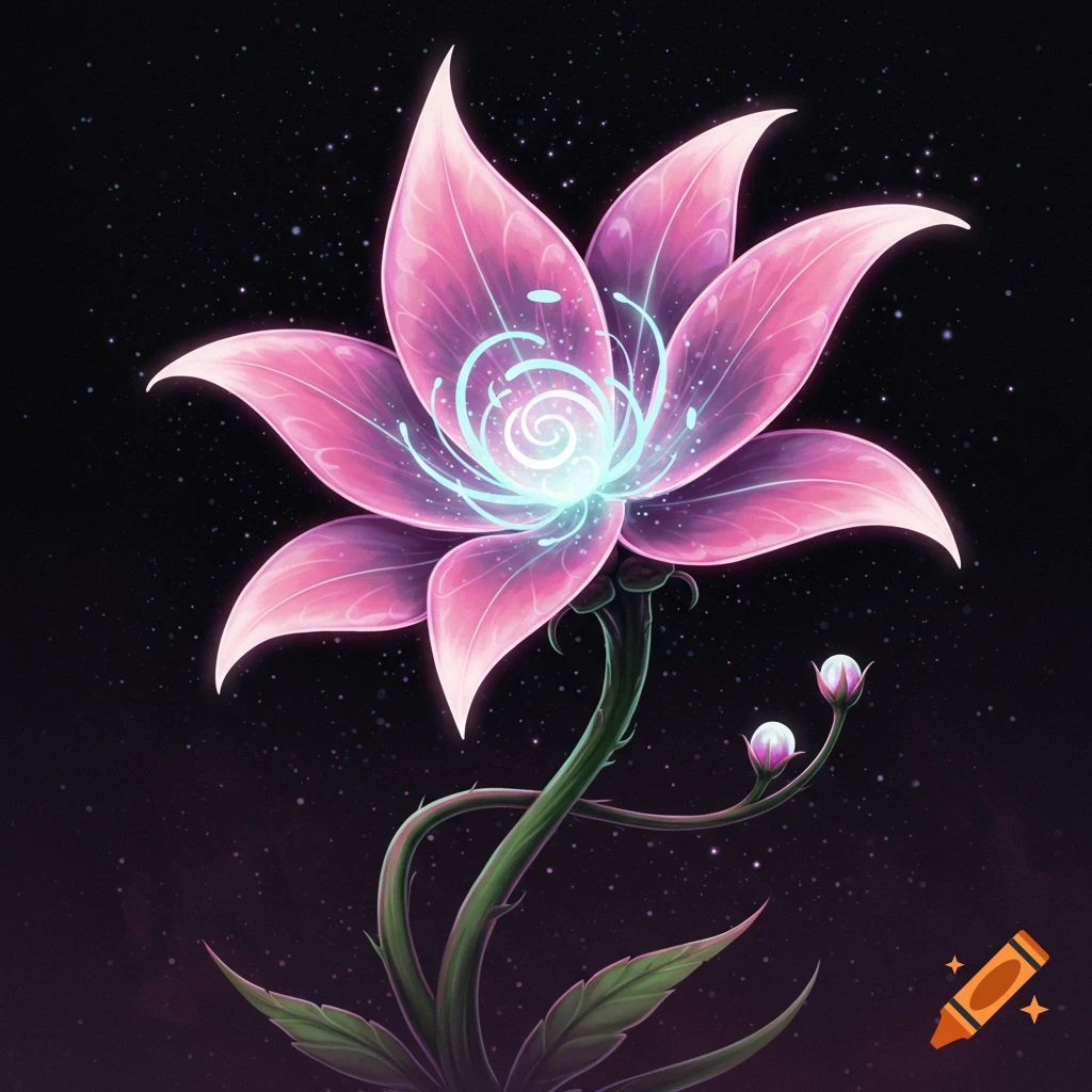A glowing pink fantasy flower against a dark, starry background.