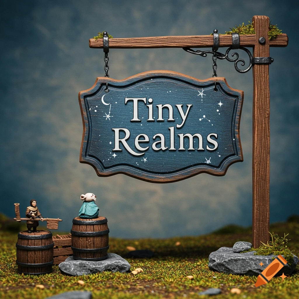 A miniature wooden sign reads 'Tiny Realms', hanging from a post. Below are two tiny figures on barrels.