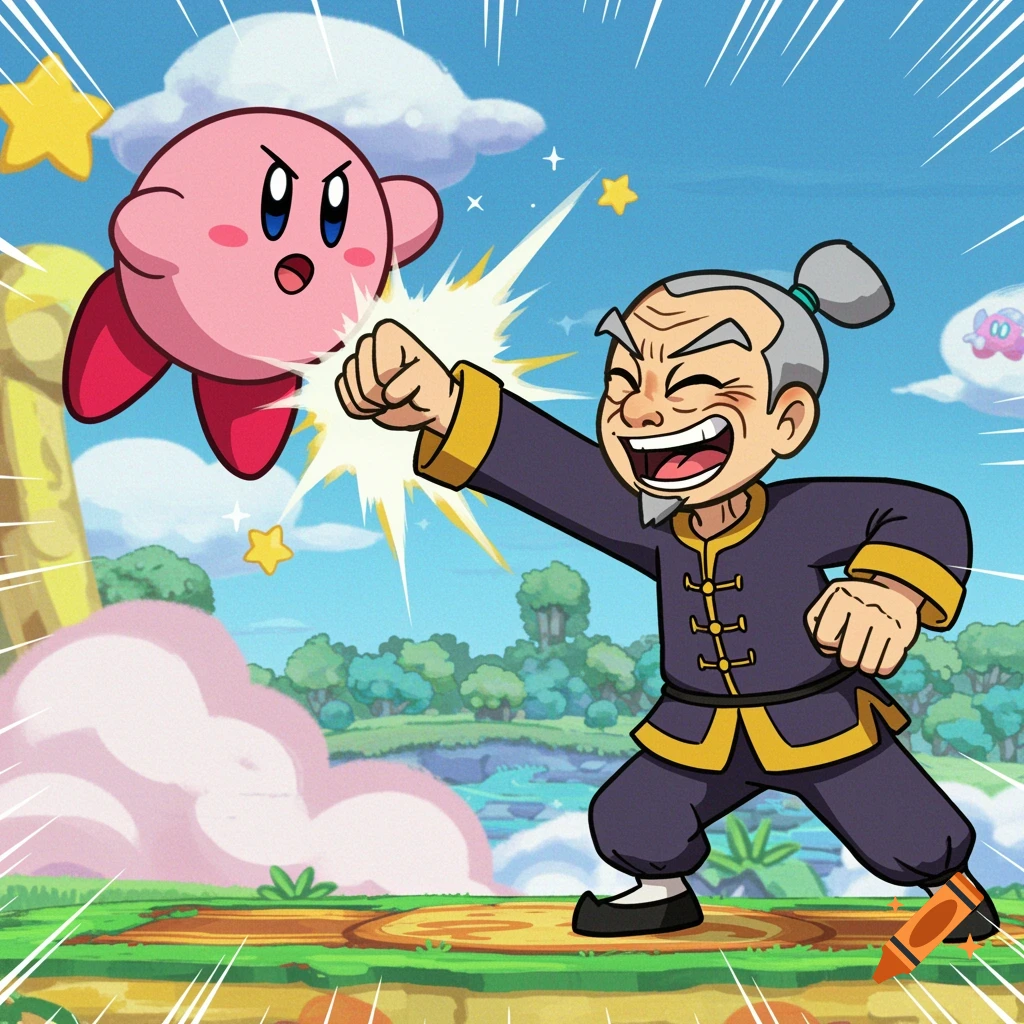 Cartoon of old man punching Kirby in a whimsical setting.