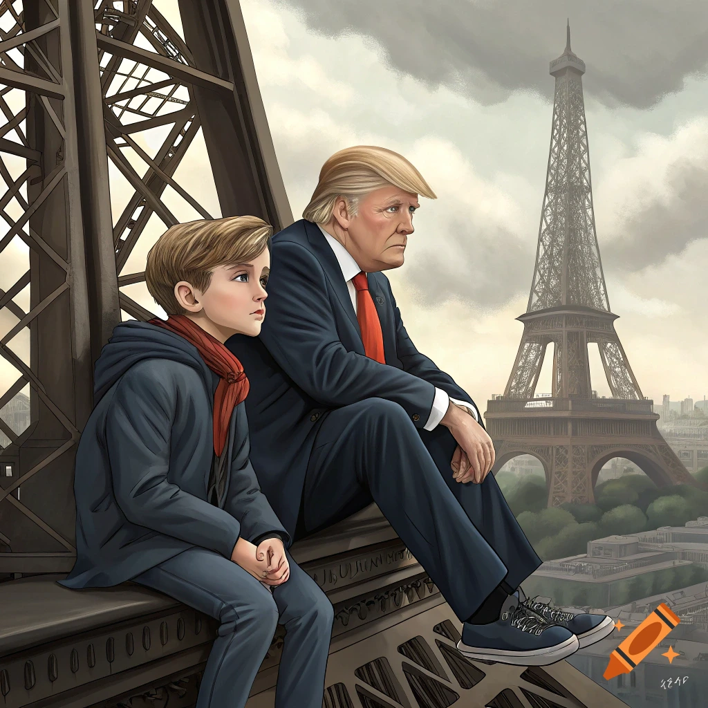 An illustration of two figures resembling Donald Trump and Barron Trump sitting on the Eiffel Tower overlooking Paris.