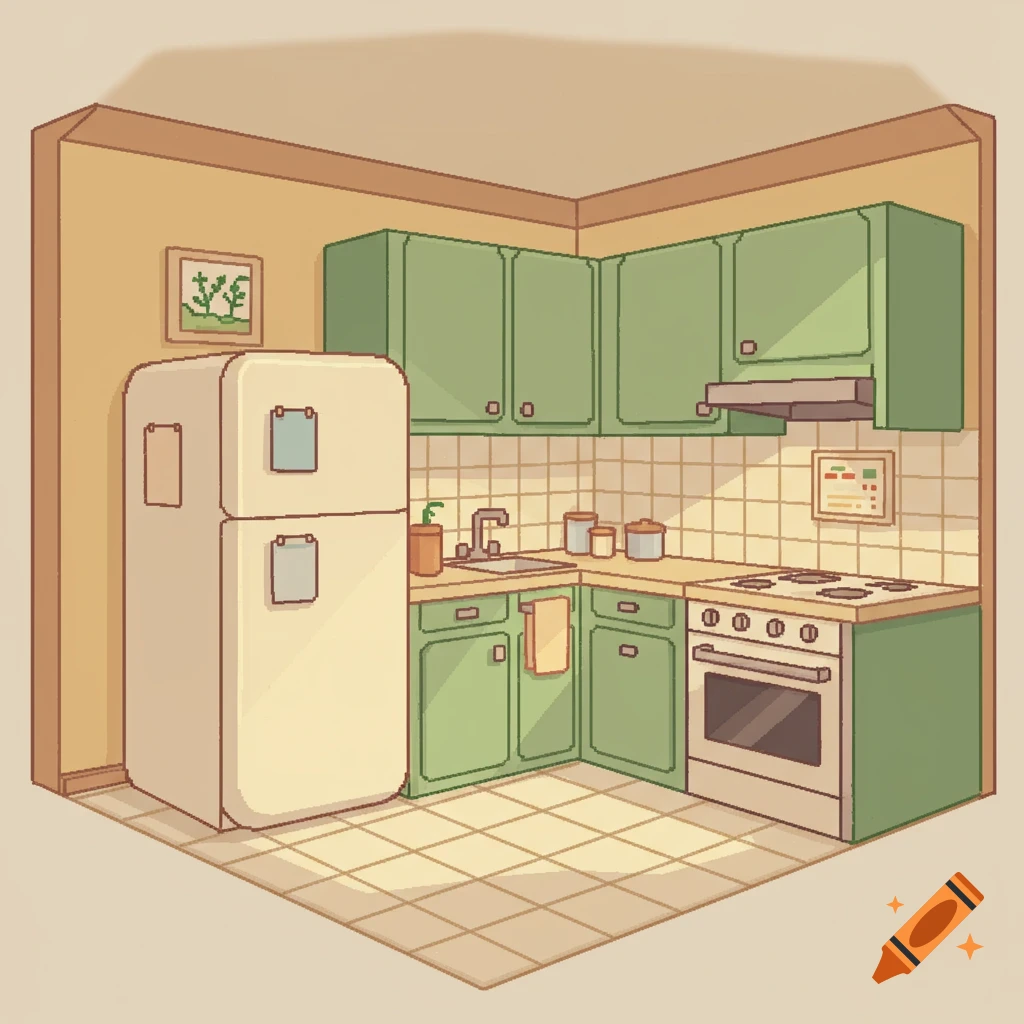 A pixelated cozy kitchen background with green cabinets, a stove, and a refrigerator.