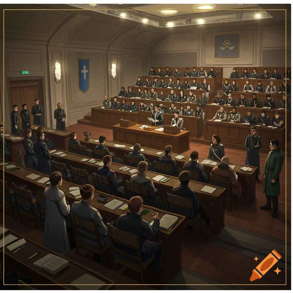 A large lecture hall is filled with people seated in rows, with speakers and staff at the front.