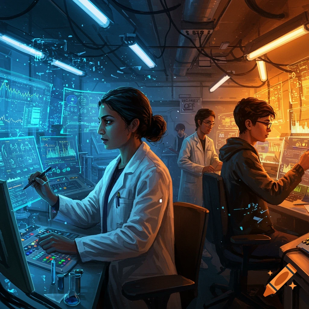 Scientists working in a futuristic research laboratory with glowing screens.