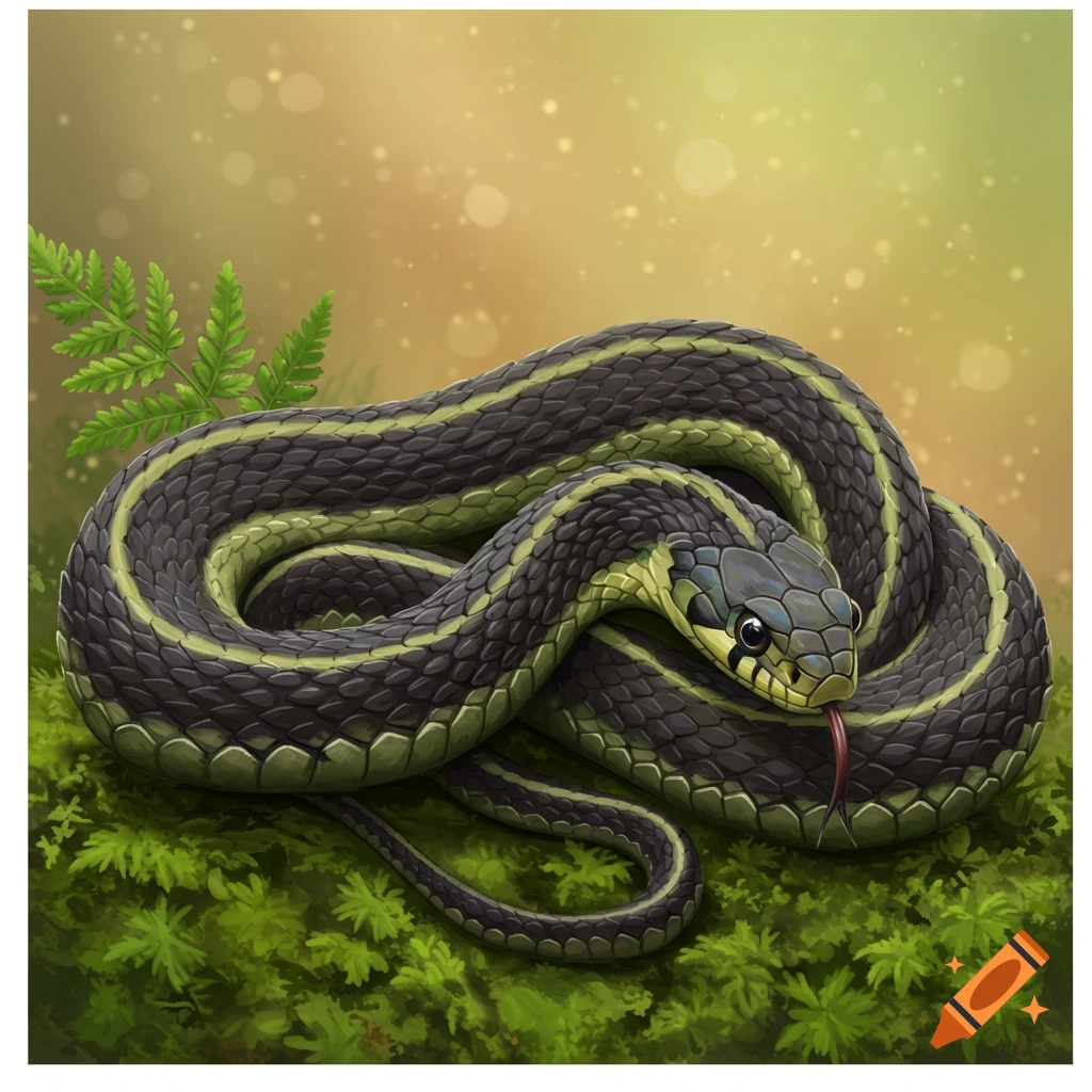 A black and green striped snake is coiled on moss, next to a fern leaf.