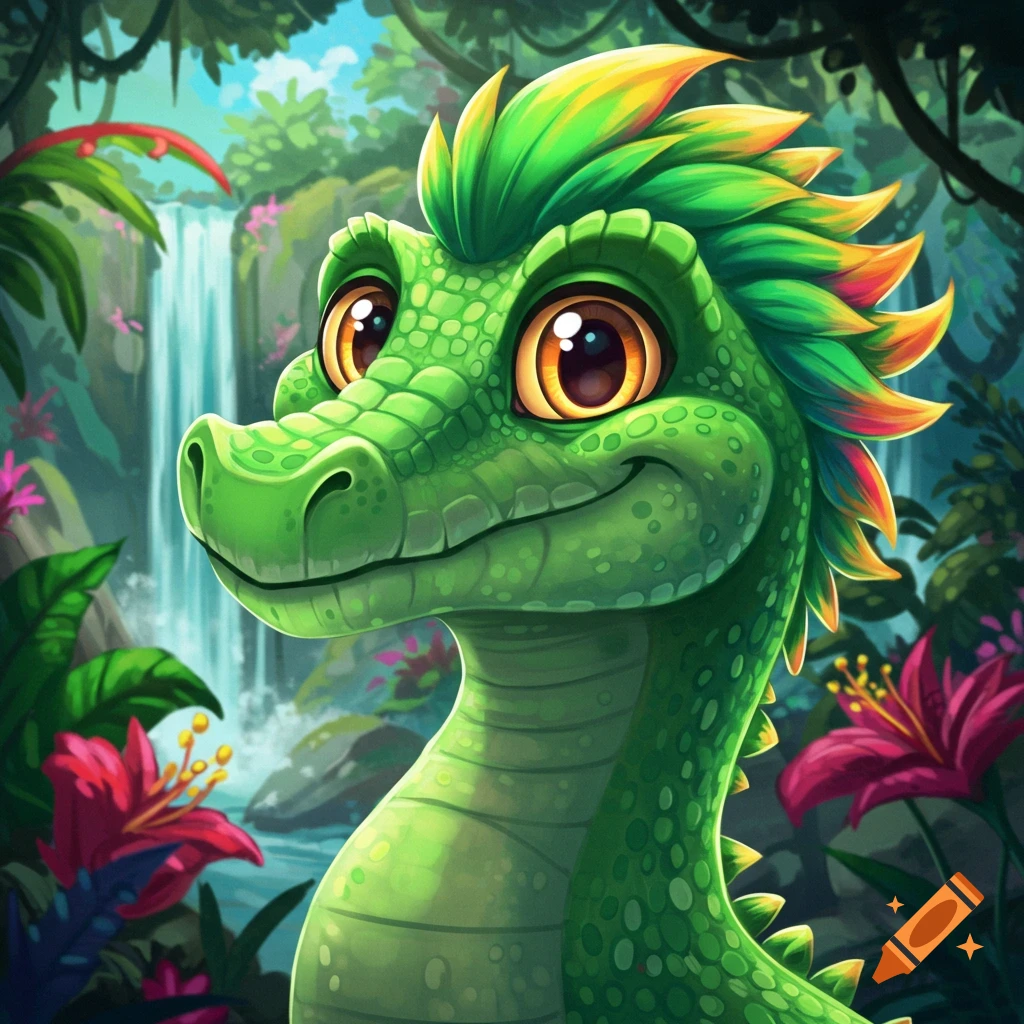 A cute cartoon green crocodile with big eyes smiles in a lush jungle with a waterfall.
