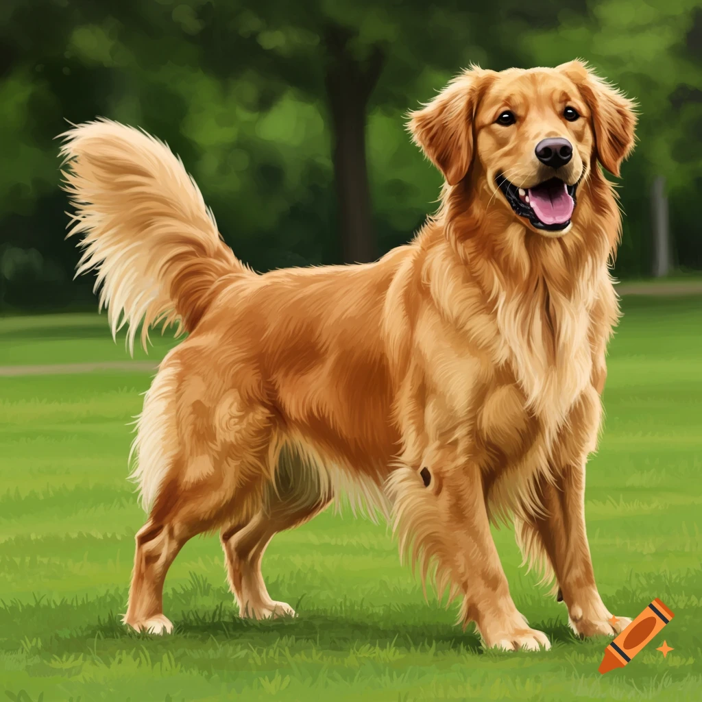 A golden retriever dog stands in a park