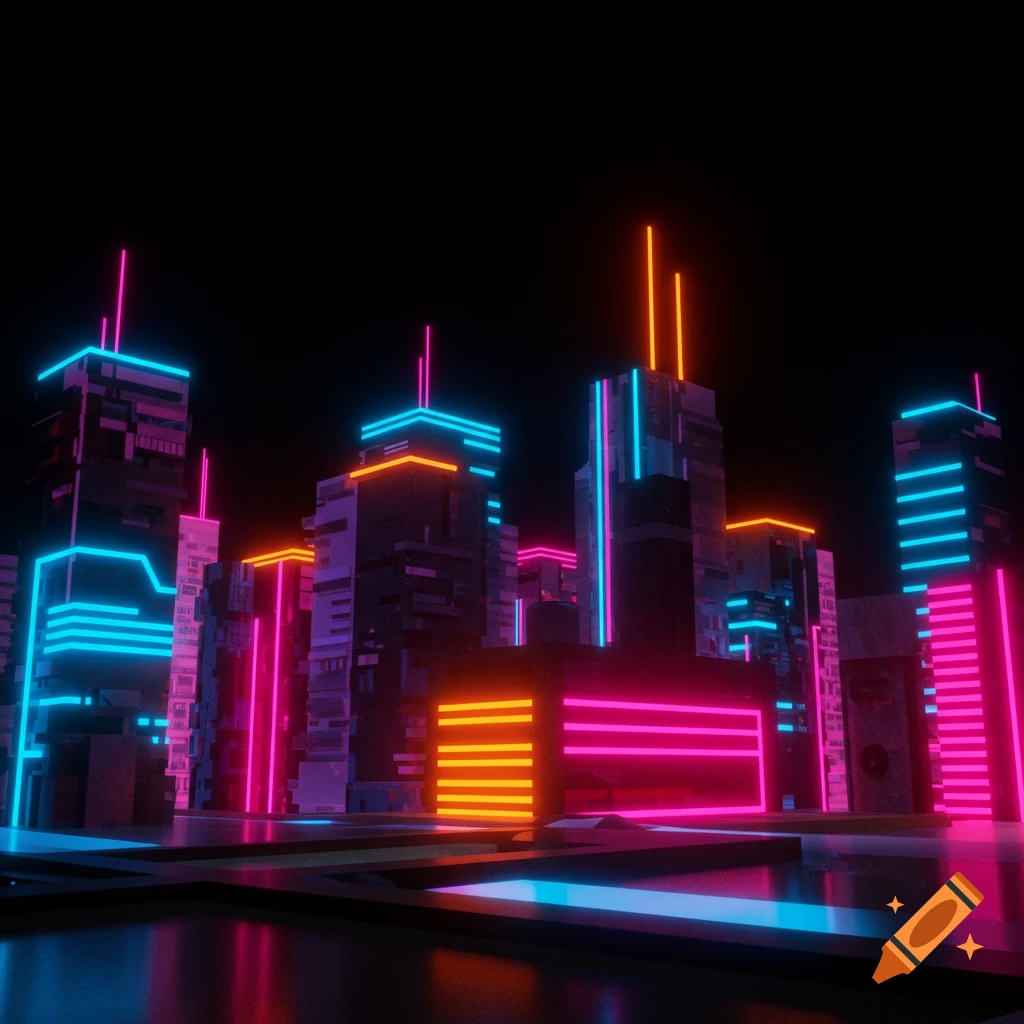 3D render of an abstract cityscape at night with bright pink, blue, and orange neon lights on buildings