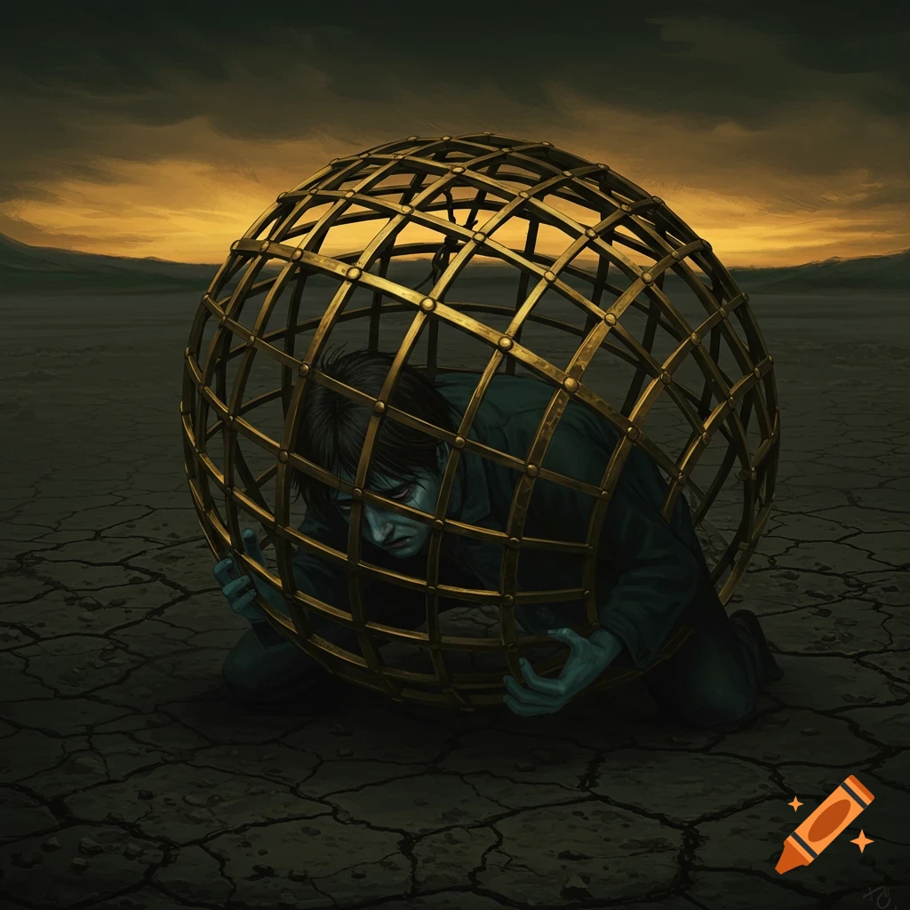 A figure hunched inside a spherical cage on cracked earth under a dark sky.