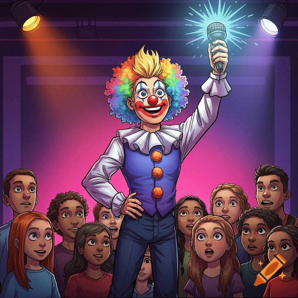 A cartoon illustration of a clown performing with a microphone in front of a crowd.