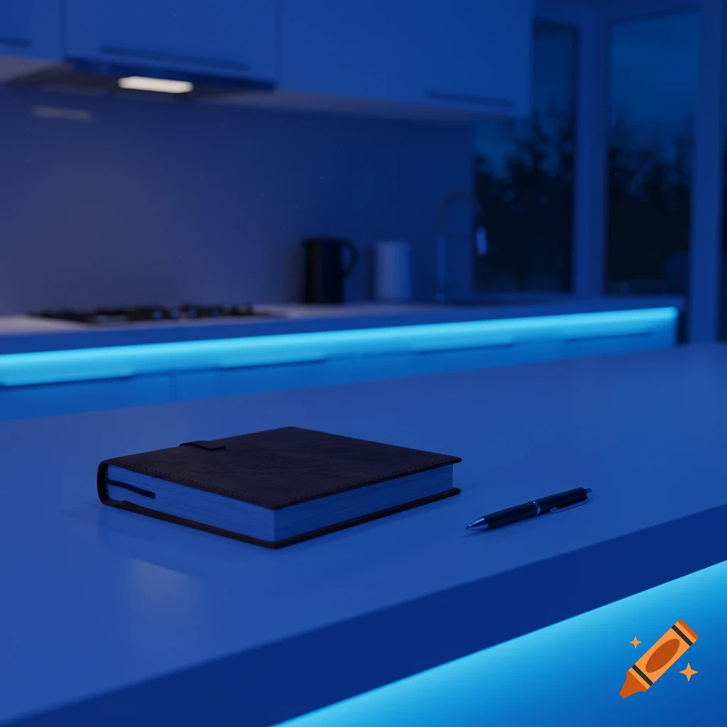 A journal and pen rest on a kitchen counter illuminated by blue lights at night.