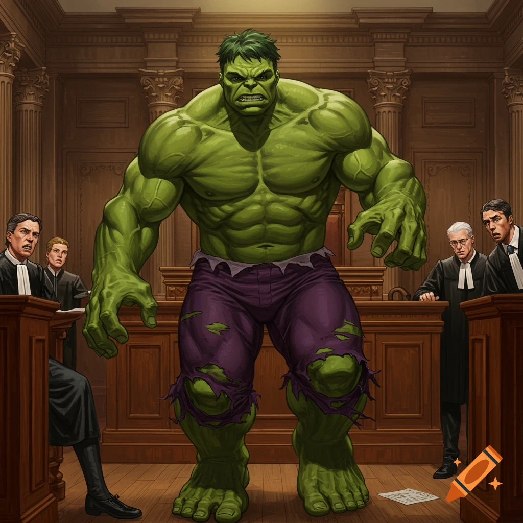 The Hulk standing in a courtroom, looming over lawyers.