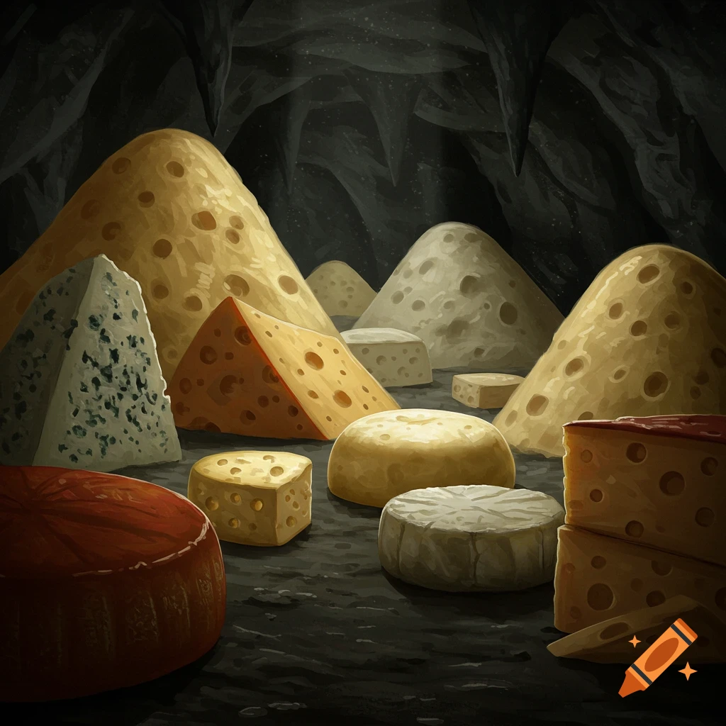 Various cheeses piled up in a dark cave.