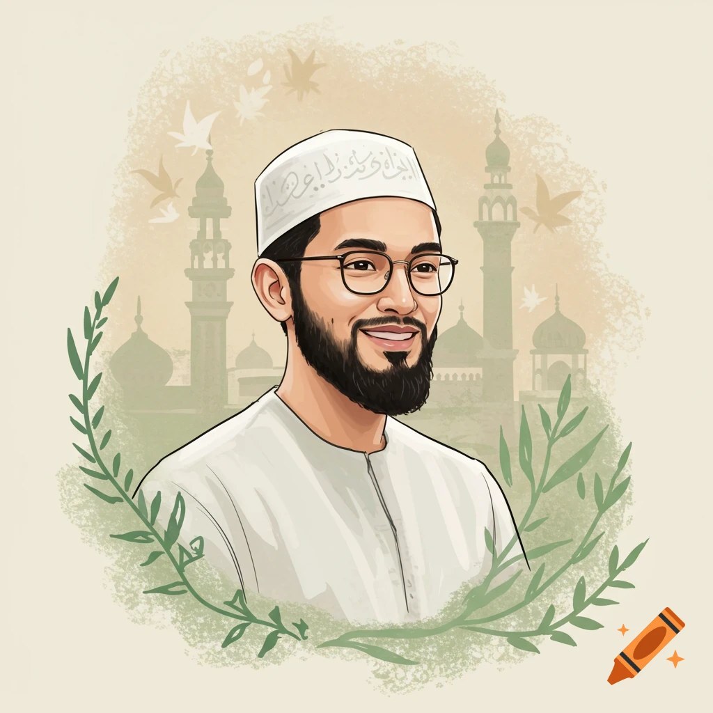 A man with a beard, glasses, and kufi cap stands in front of mosque silhouettes and branches.