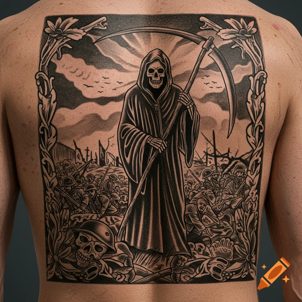 Black and white back tattoo of the Grim Reaper holding a scythe among soldiers on a battlefield.