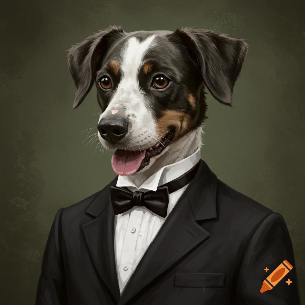 A dog in a black suit and bow tie