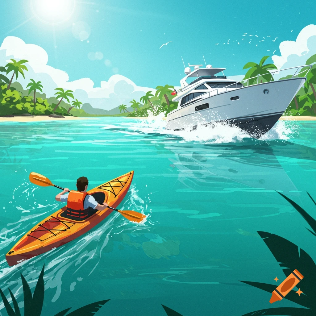 A kayaker and a yacht on bright turquoise water near a tropical beach.