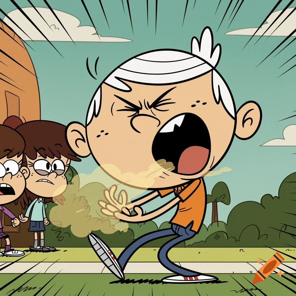 Cartoon of Lincoln Loud character about to burp, with other characters reacting.