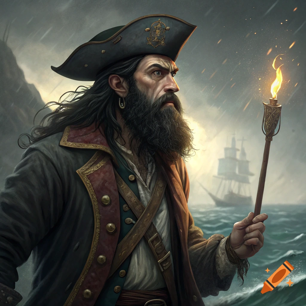 A detailed illustration of a pirate with a beard, holding a lit torch in a stormy sea with a ship behind him.