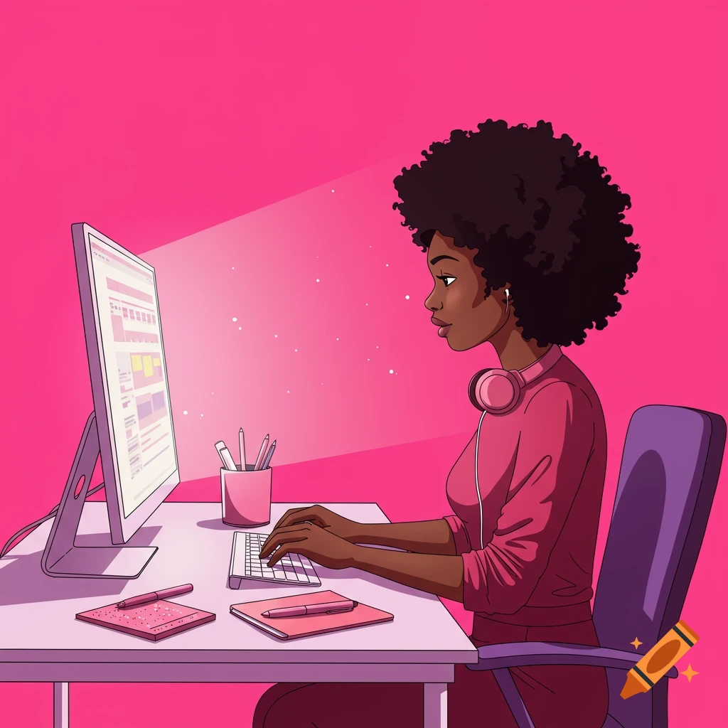 A Black woman works at a computer in a pink graphic illustration.
